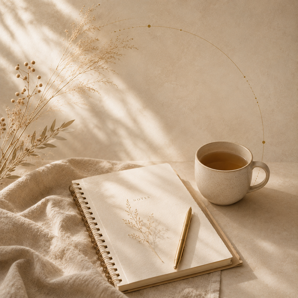 Warm beige still life with tea cup, open notebook, pen, and delicate dried branches.